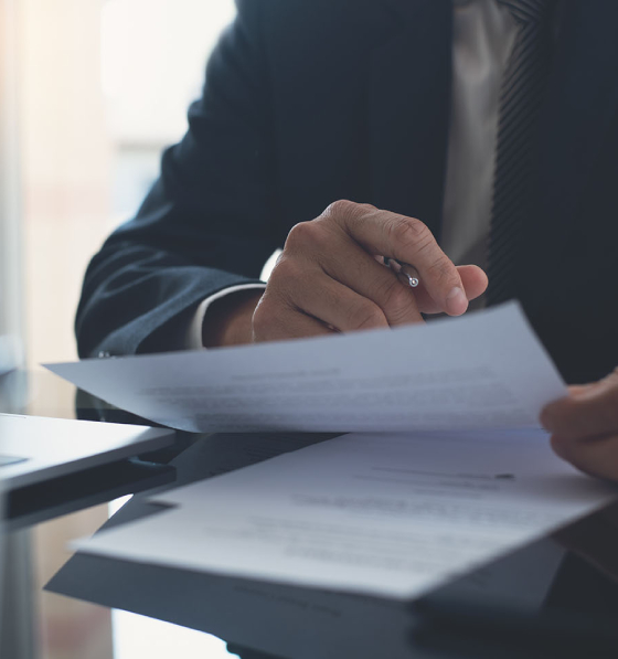 Reviewing annual report documents with a pen in a professional office setting